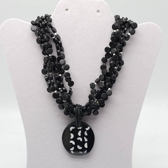 Black Multi-Strand Wood Bead Necklace Shell-Inlaid Pendant By Chicos - Picture 1 of 5